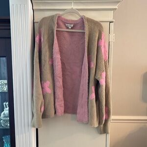 DAVI & DANI Pink and Tan Open-Front Cardigan